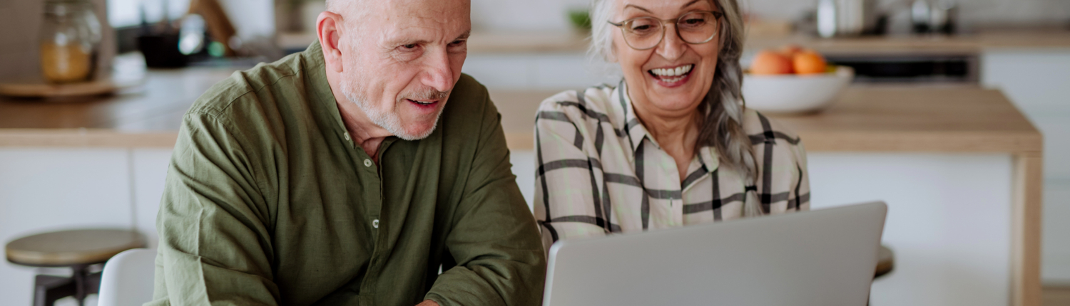 Happy senior couple calculate expenses or planning budget together at home.